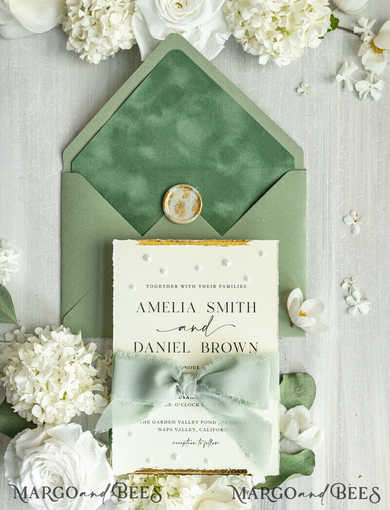 Sage green Fine Art Wedding Invitations with Gold Leaf, Deckled Edges, RSVP qr code Silk Ribbon Bespoke Elegant Wedding Suite-3
