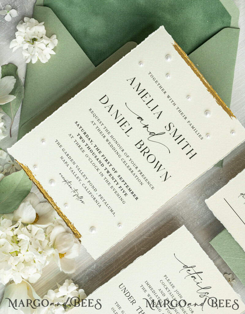 Sage green Fine Art Wedding Invitations with Gold Leaf, Deckled Edges, RSVP qr code Silk Ribbon Bespoke Elegant Wedding Suite-4