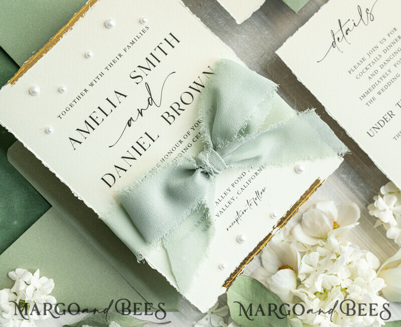 Sage green Fine Art Wedding Invitations with Gold Leaf, Deckled Edges, RSVP qr code Silk Ribbon Bespoke Elegant Wedding Suite-5