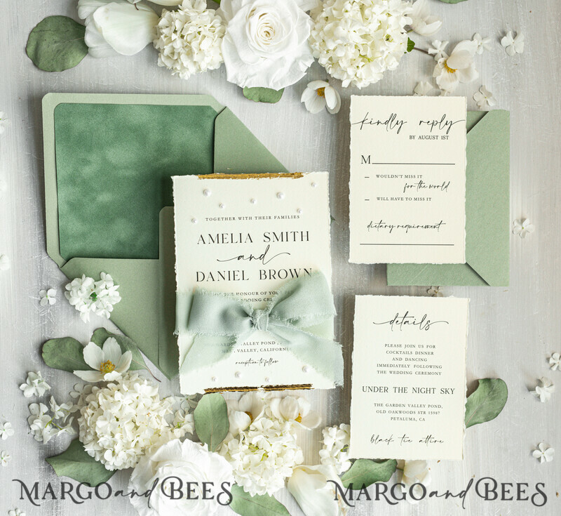Sage green Fine Art Wedding Invitations with Gold Leaf, Deckled Edges, RSVP qr code Silk Ribbon Bespoke Elegant Wedding Suite-6