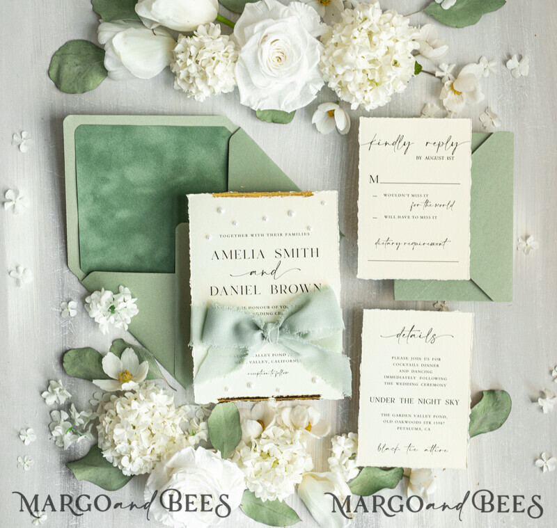 Sage green Fine Art Wedding Invitations with Gold Leaf, Deckled Edges, RSVP qr code Silk Ribbon Bespoke Elegant Wedding Suite-7