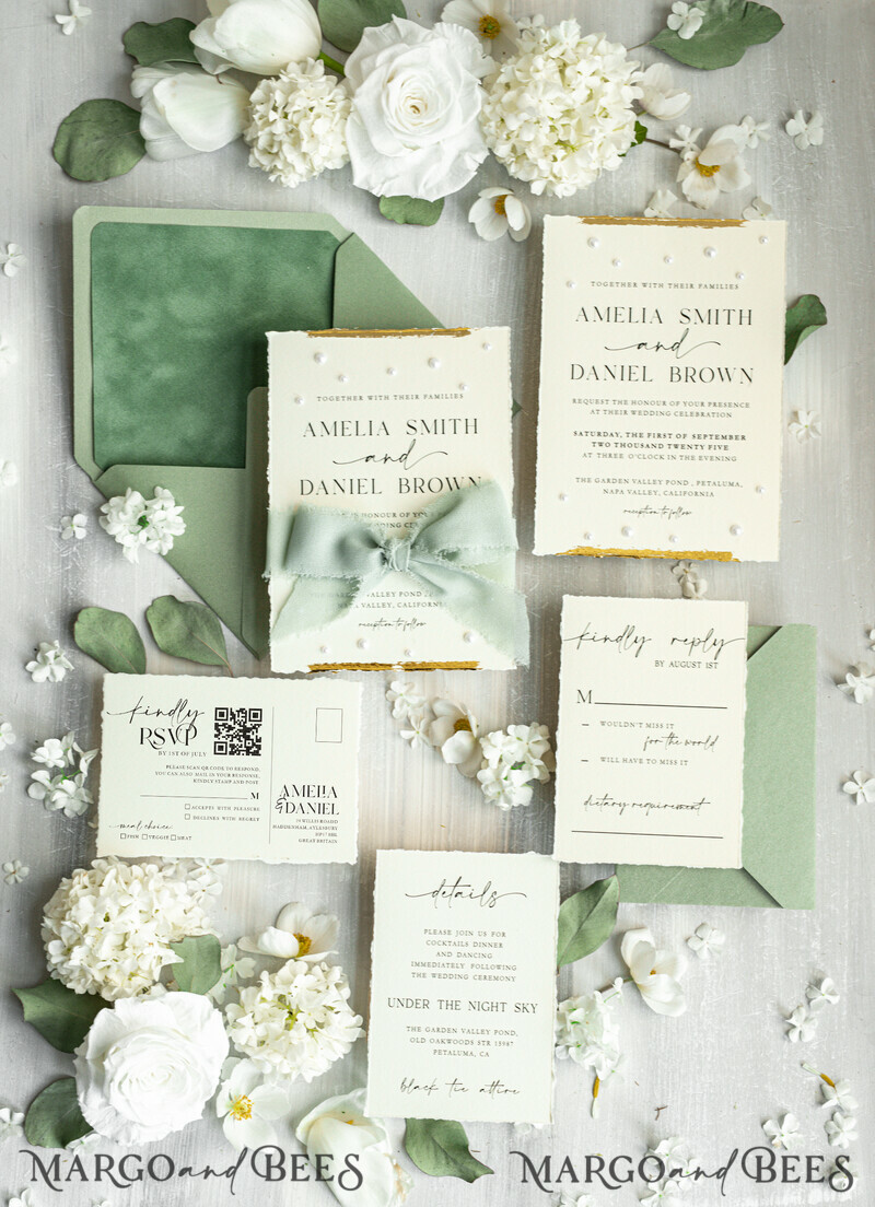 Sage green Fine Art Wedding Invitations with Gold Leaf, Deckled Edges, RSVP qr code Silk Ribbon Bespoke Elegant Wedding Suite-0