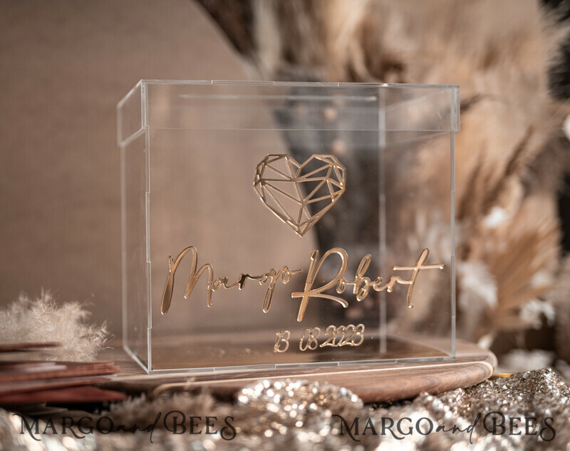 Modern geometric heart Clear wedding wishing well acrylic money gift card box, Personalized Wedding Card Box, Acrylic Card Box-9