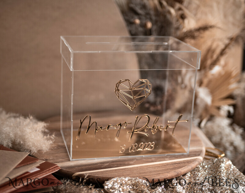 Modern geometric heart Clear wedding wishing well acrylic money gift card box, Personalized Wedding Card Box, Acrylic Card Box-10