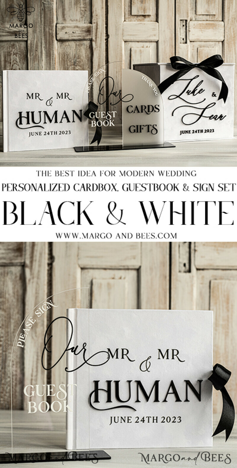 Elegant Black & White Velvet Acrylic Wedding Guest Book Personalised & Sign Set: Instant Photo Book for a Boho and Elegant Instax Guestbook Experience-7