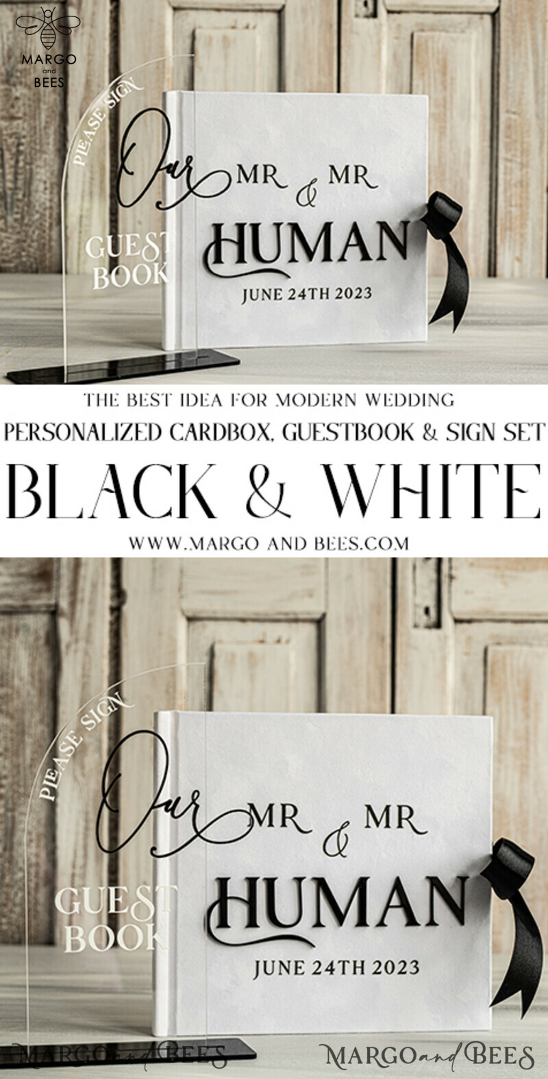Elegant Black & White Velvet Acrylic Wedding Guest Book Personalised & Sign Set: Instant Photo Book for a Boho and Elegant Instax Guestbook Experience-2