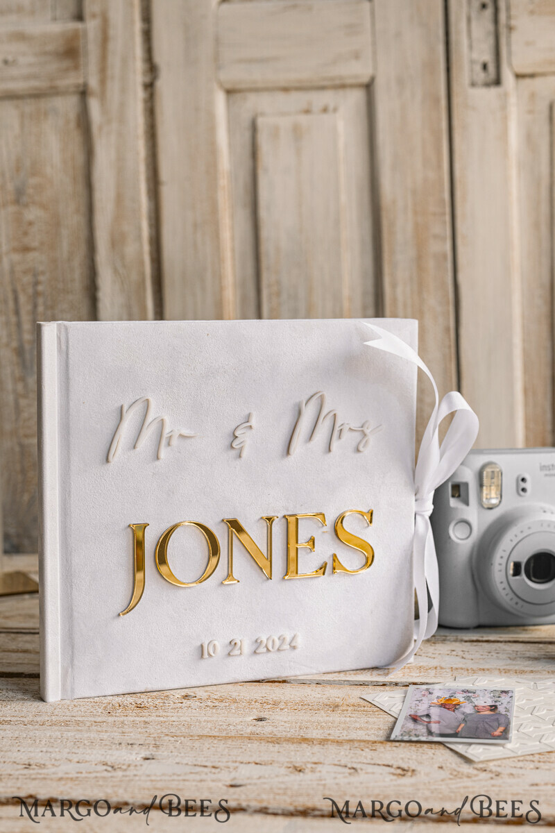 Pearls White Gold Acrylic Wedding Guest Book Personalised and sign set, Velvet Beaded Instant Photo Book Boho Elegant Instax Wedding Photo Guestbook-3