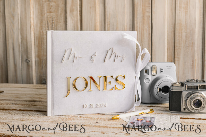 Pearls White Gold Acrylic Wedding Guest Book Personalised and sign set, Velvet Beaded Instant Photo Book Boho Elegant Instax Wedding Photo Guestbook-2