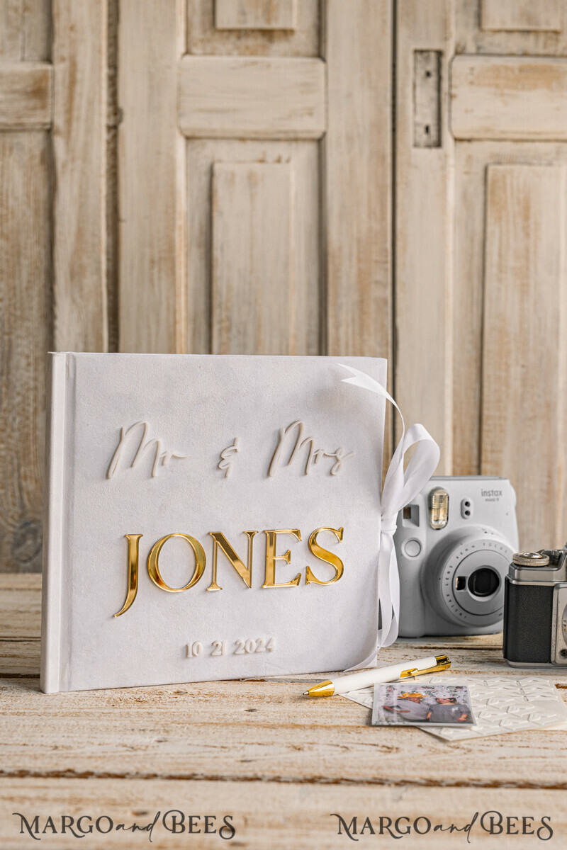 Pearls White Gold Acrylic Wedding Guest Book Personalised and sign set, Velvet Beaded Instant Photo Book Boho Elegant Instax Wedding Photo Guestbook-1