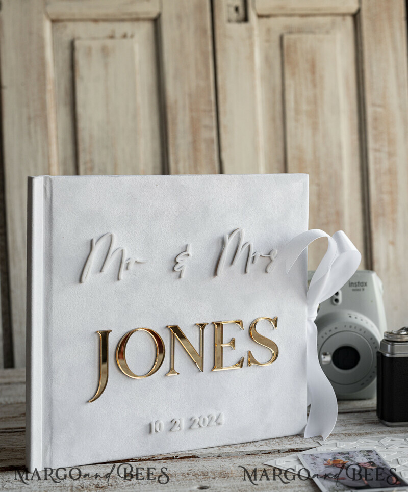 Pearls White Gold Acrylic Wedding Guest Book Personalised and sign set, Velvet Beaded Instant Photo Book Boho Elegant Instax Wedding Photo Guestbook-15