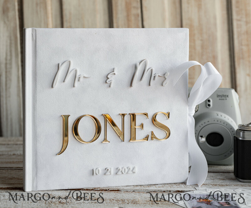 Pearls White Gold Acrylic Wedding Guest Book Personalised and sign set, Velvet Beaded Instant Photo Book Boho Elegant Instax Wedding Photo Guestbook-16