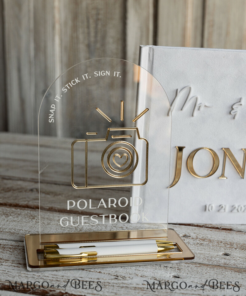 Pearls White Gold Acrylic Wedding Guest Book Personalised and sign set, Velvet Beaded Instant Photo Book Boho Elegant Instax Wedding Photo Guestbook-17