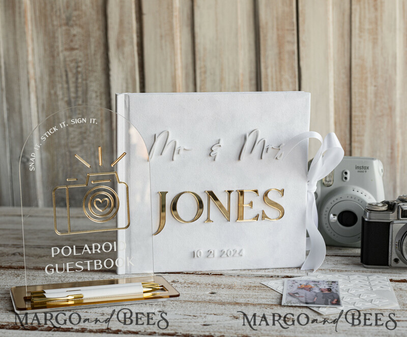 Pearls White Gold Acrylic Wedding Guest Book Personalised and sign set, Velvet Beaded Instant Photo Book Boho Elegant Instax Wedding Photo Guestbook-19