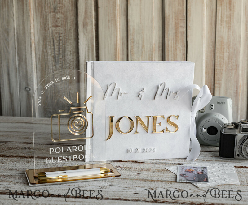 Pearls White Gold Acrylic Wedding Guest Book Personalised and sign set, Velvet Beaded Instant Photo Book Boho Elegant Instax Wedding Photo Guestbook-0