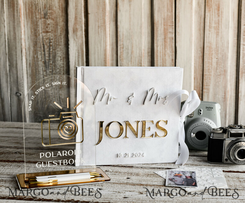 Pearls White Gold Acrylic Wedding Guest Book Personalised and sign set, Velvet Beaded Instant Photo Book Boho Elegant Instax Wedding Photo Guestbook-20