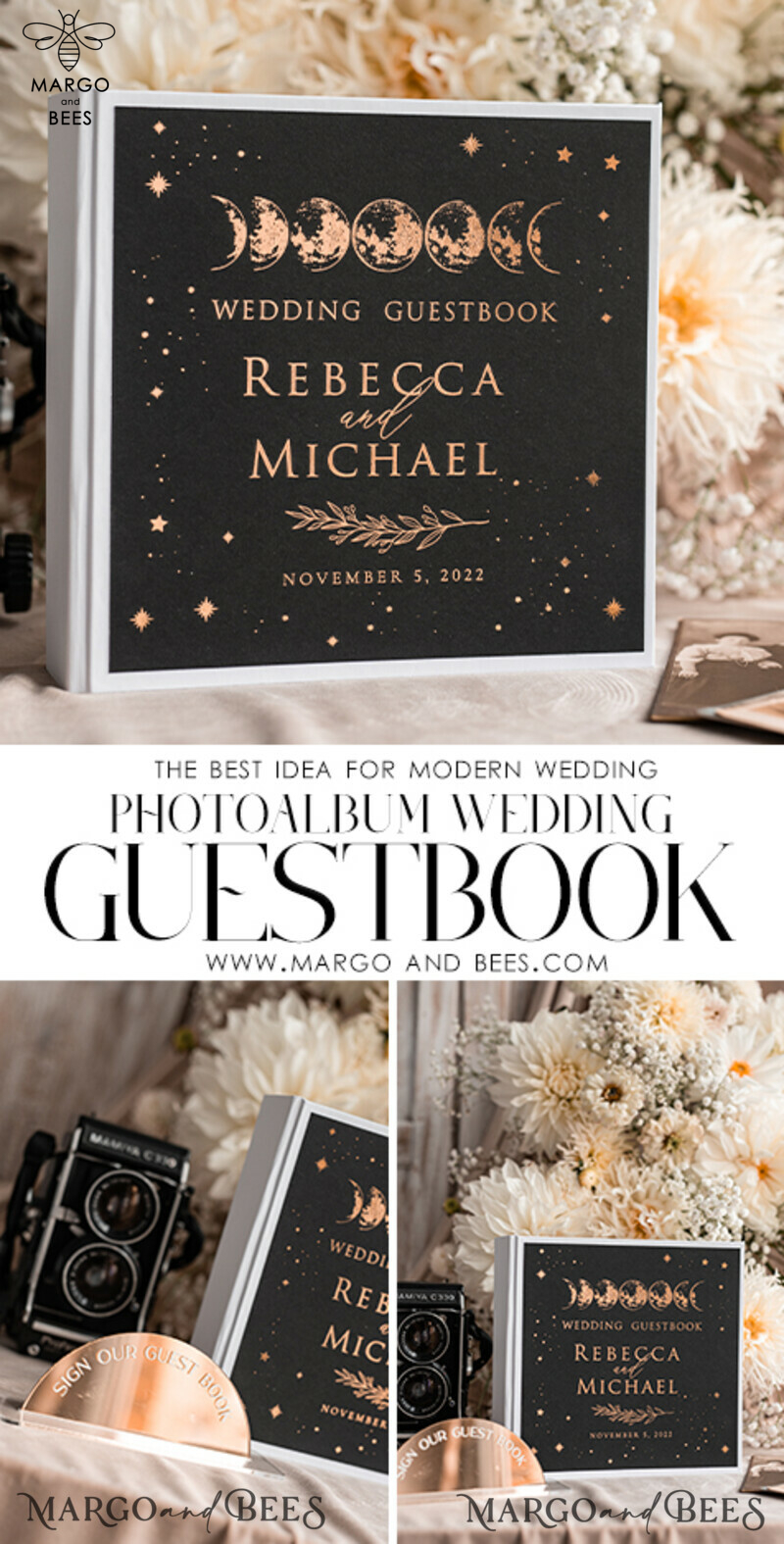Personalised Wedding Guest Book Set: Black Gold Instant Photo Album with Arch Mirror Sign - Boho Halloween Instax Wedding Photo Guestbook-3