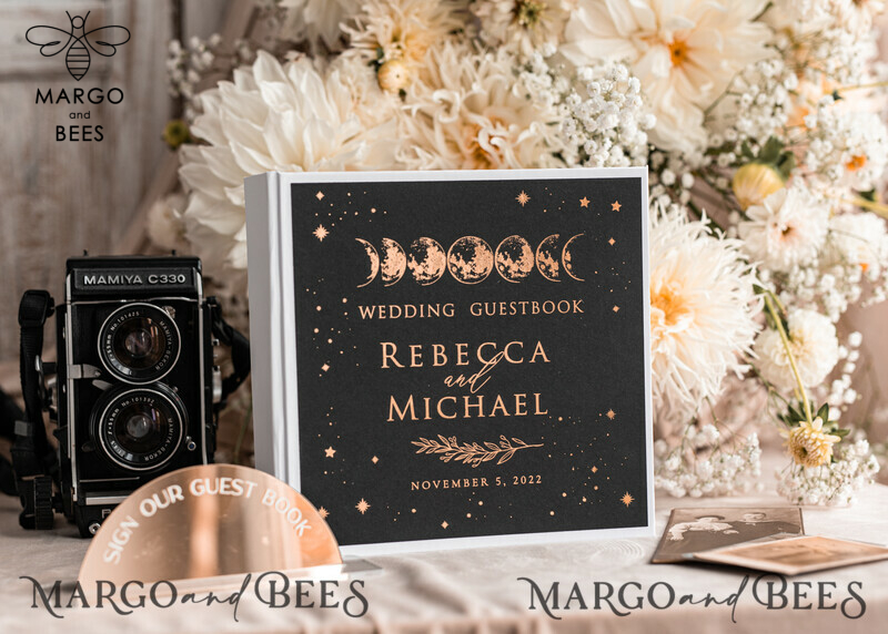 Personalised Wedding Guest Book Set: Black Gold Instant Photo Album with Arch Mirror Sign - Boho Halloween Instax Wedding Photo Guestbook-0