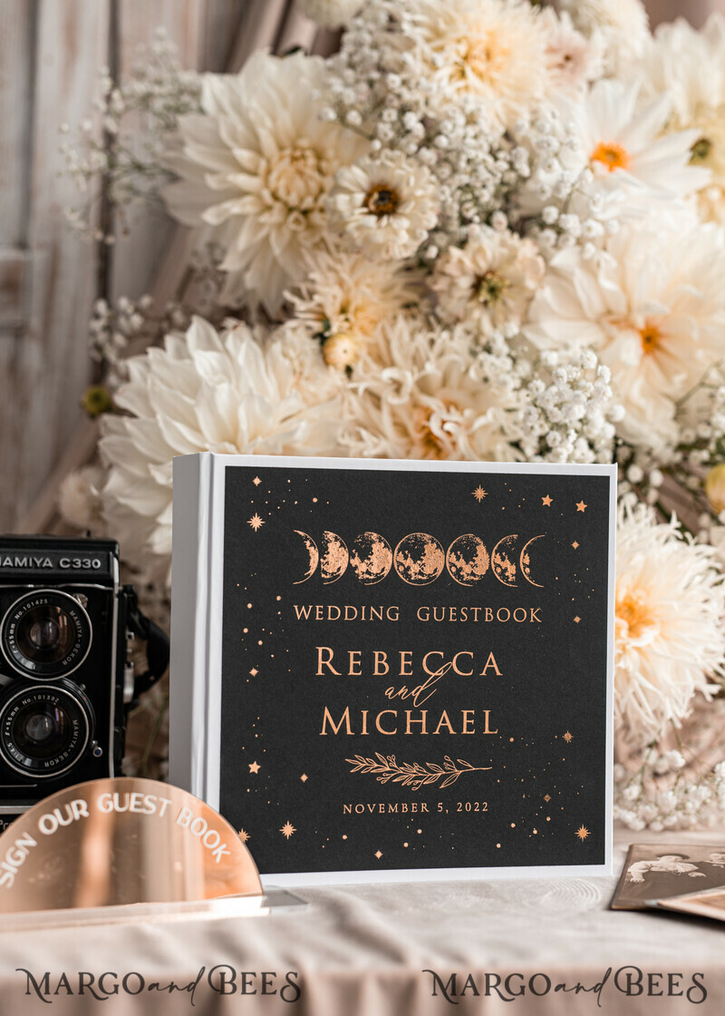 Personalised Wedding Guest Book Set: Black Gold Instant Photo Album with Arch Mirror Sign - Boho Halloween Instax Wedding Photo Guestbook-1