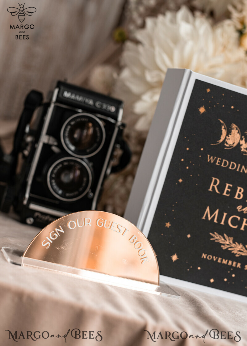 Personalised Wedding Guest Book Set: Black Gold Instant Photo Album with Arch Mirror Sign - Boho Halloween Instax Wedding Photo Guestbook-4