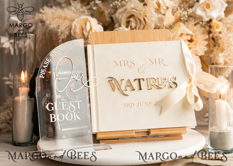 Elegant Ivory Gold Acrylic Wedding Guest Book Personalised & Sign Set with Velvet Instant Photo Book - A Boho Inspired Instax Wedding Photo Guestbook.-0