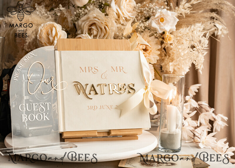 Personalised Ivory Gold Acrylic Wedding Guest Book and Sign Set with Velvet Instant Photo Book: A Boho and Elegant Instax Wedding Photo Guestbook-3