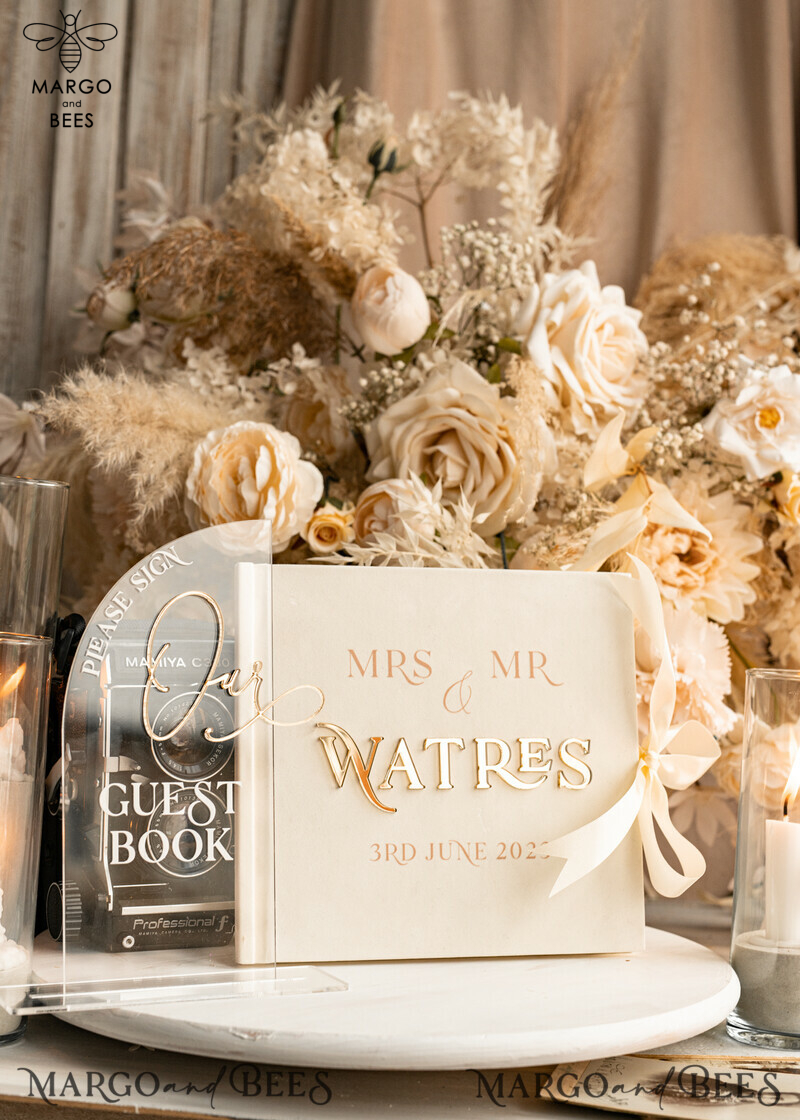 Elegant Ivory Gold Acrylic Wedding Guest Book Personalised & Sign Set with Velvet Instant Photo Book - A Boho Inspired Instax Wedding Photo Guestbook.-14