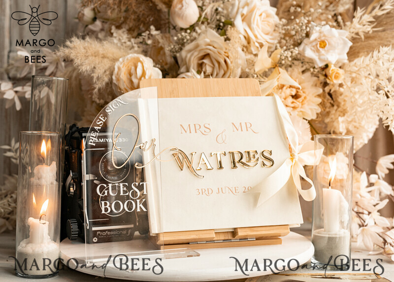 Elegant Ivory Gold Acrylic Wedding Guest Book Personalised & Sign Set with Velvet Instant Photo Book - A Boho Inspired Instax Wedding Photo Guestbook.-7