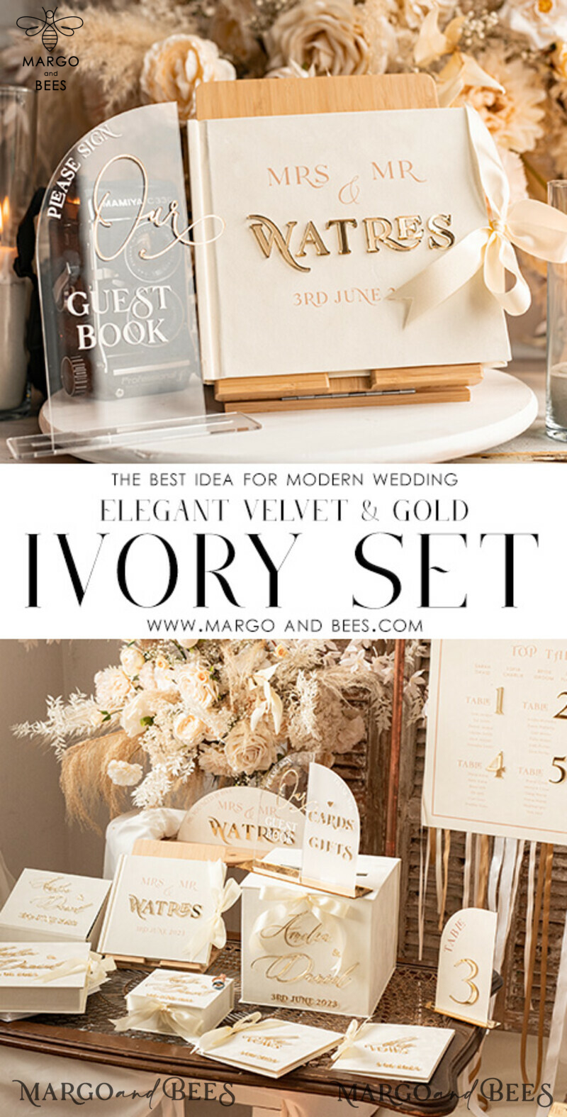 Elegant Ivory Gold Acrylic Wedding Guest Book Personalised & Sign Set with Velvet Instant Photo Book - A Boho Inspired Instax Wedding Photo Guestbook.-6