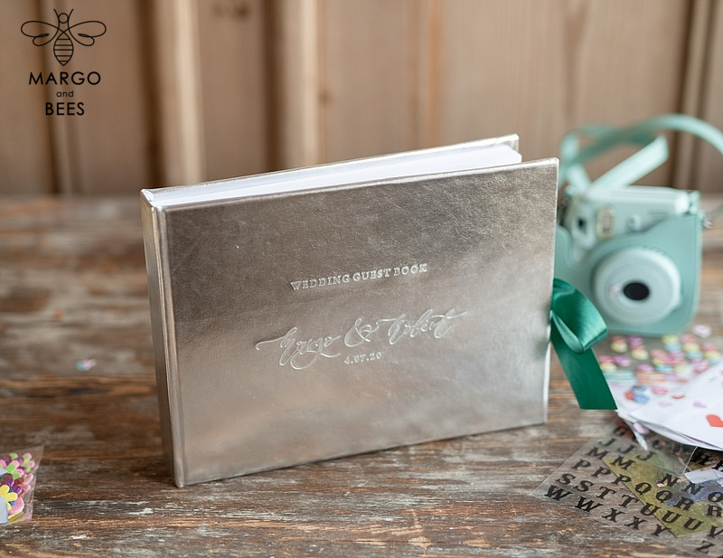 Luxury Wedding GuestBook, Silver leather Personalized Wedding Album, Silver Embossed Photo Booth Book-1