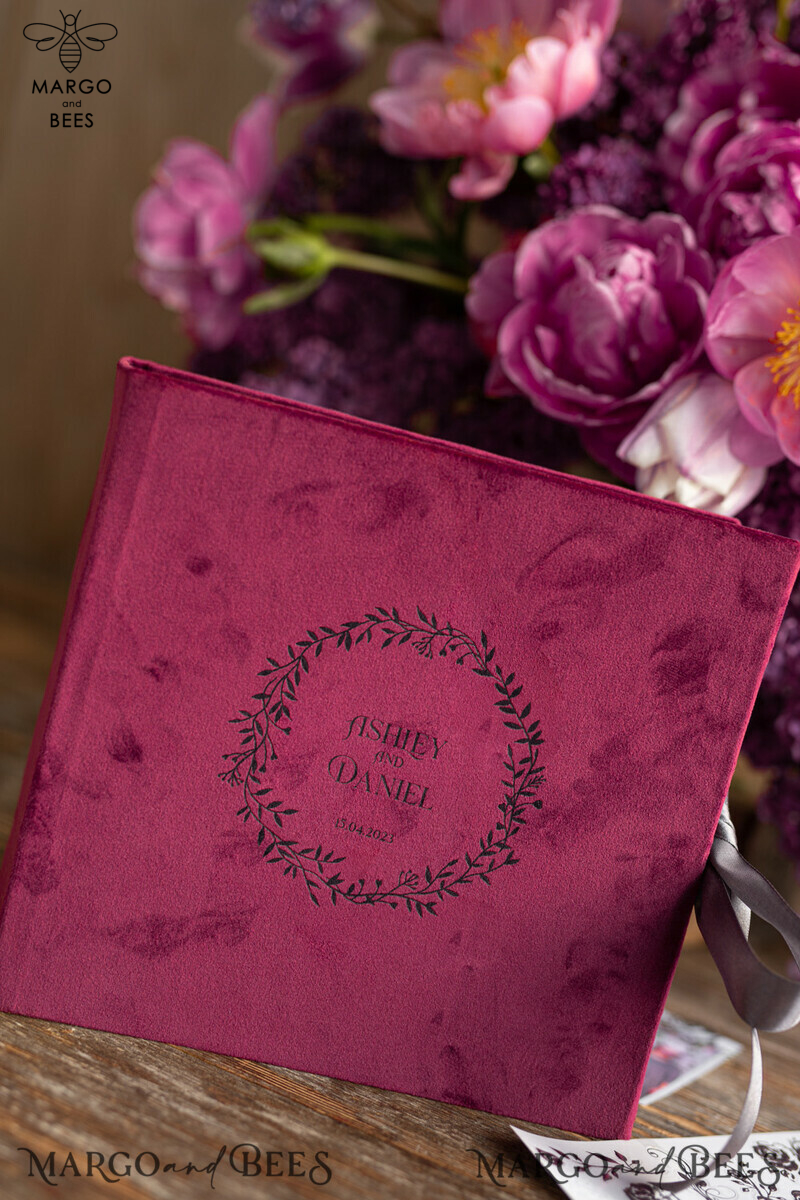 Burgundy Velvet Presonalised Wedding Guest Book, velvet Personalized Wedding Album black pages , Luxury Velvet Photo Booth Book-1