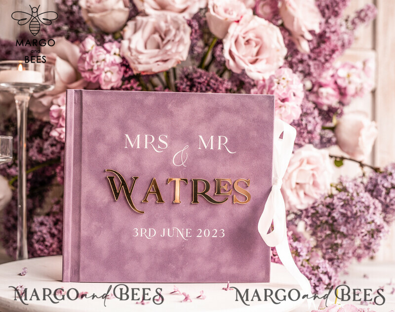 Personalised Mauve Gold Acrylic Wedding Guest Book: Elegant Instax Photo Guestbook with Velvet Dusty Rose Cover-0