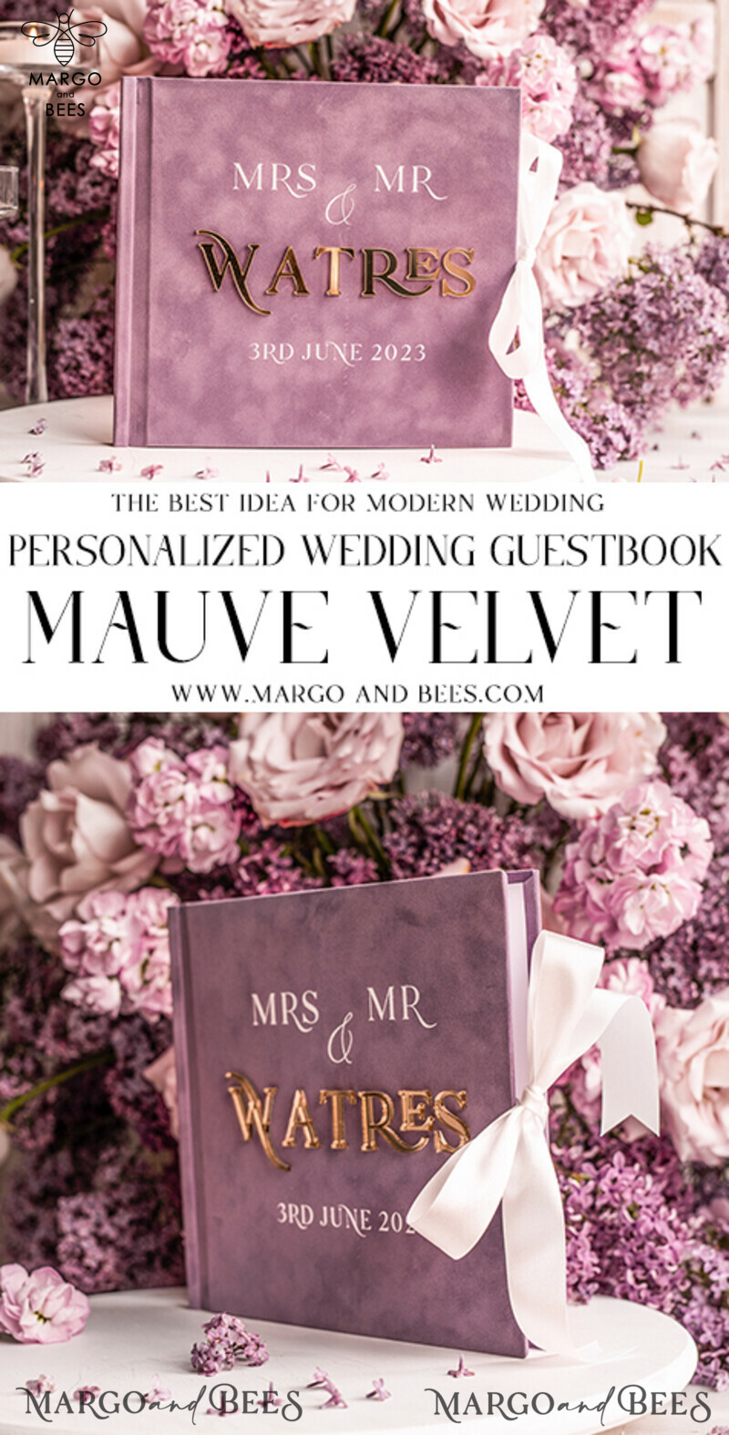 Personalised Mauve Gold Acrylic Wedding Guest Book: Elegant Instax Photo Guestbook with Velvet Dusty Rose Cover-7