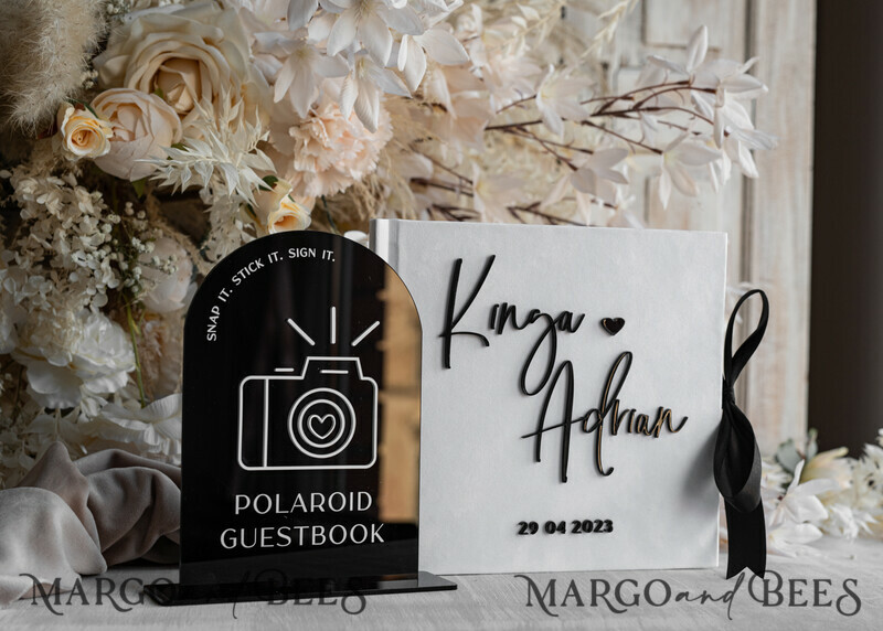 black & white Velvet Acrylic Wedding Guest Book Personalised & sign set, Velvet elegant Instant Photo Book Boho Elegant Instax Guestbook. Hot trend - black & white wedding -5