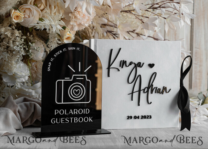 black & white Velvet Acrylic Wedding Guest Book Personalised & sign set, Velvet elegant Instant Photo Book Boho Elegant Instax Guestbook. Hot trend - black & white wedding -6