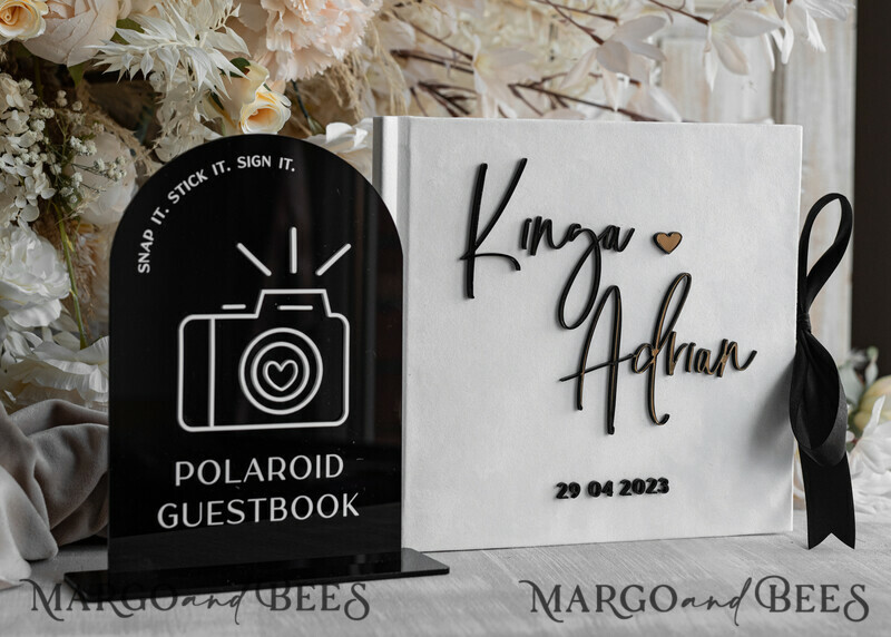 black & white Velvet Acrylic Wedding Guest Book Personalised & sign set, Velvet elegant Instant Photo Book Boho Elegant Instax Guestbook. Hot trend - black & white wedding -10
