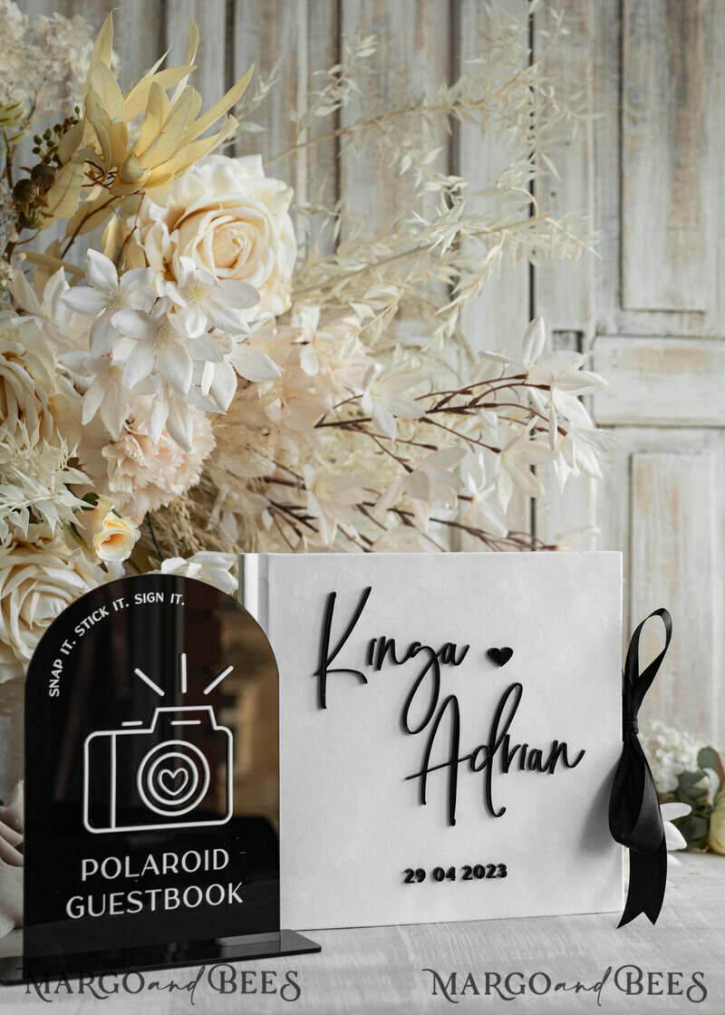black & white Velvet Acrylic Wedding Guest Book Personalised & sign set, Velvet elegant Instant Photo Book Boho Elegant Instax Guestbook. Hot trend - black & white wedding -0