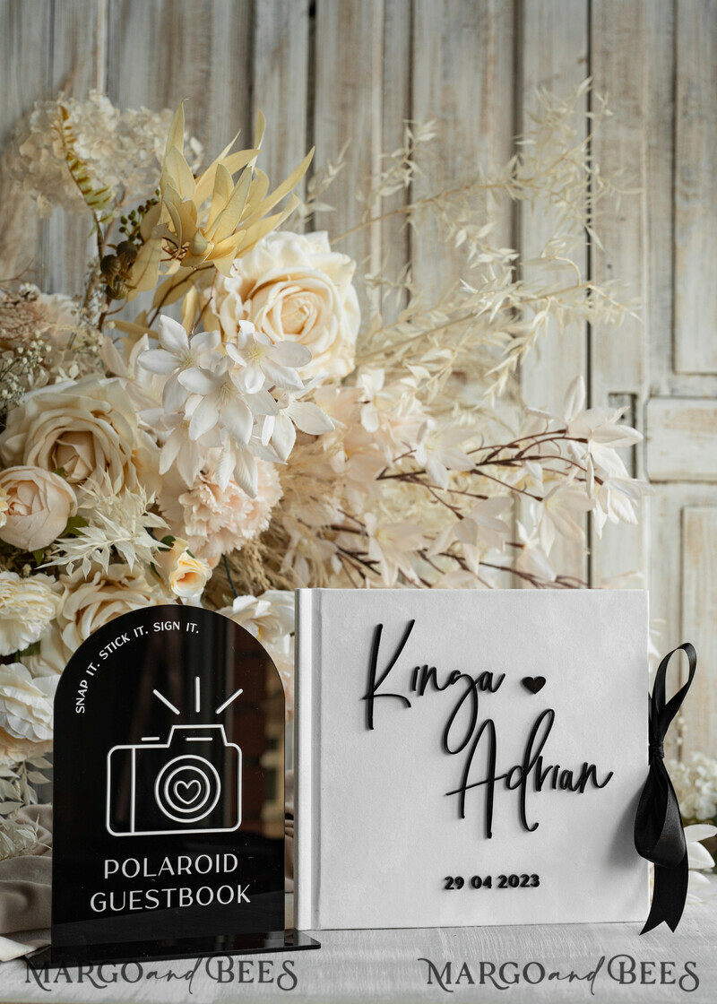 black & white Velvet Acrylic Wedding Guest Book Personalised & sign set, Velvet elegant Instant Photo Book Boho Elegant Instax Guestbook. Hot trend - black & white wedding -14
