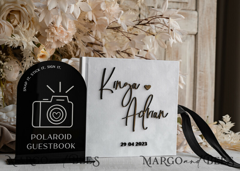black & white Velvet Acrylic Wedding Guest Book Personalised & sign set, Velvet elegant Instant Photo Book Boho Elegant Instax Guestbook. Hot trend - black & white wedding -19