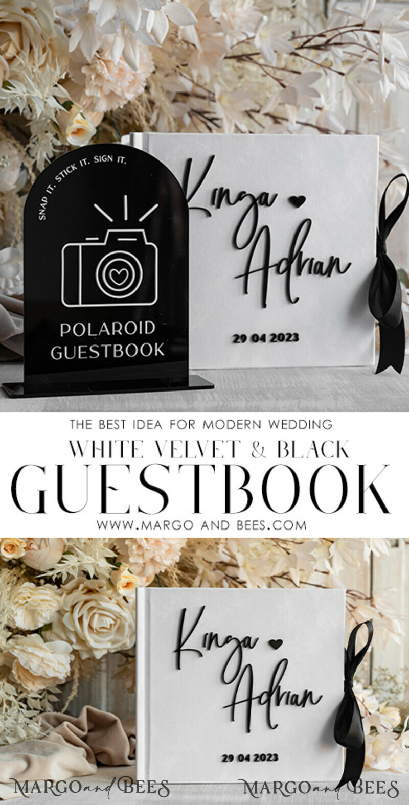 black & white Velvet Acrylic Wedding Guest Book Personalised & sign set, Velvet elegant Instant Photo Book Boho Elegant Instax Guestbook. Hot trend - black & white wedding -3