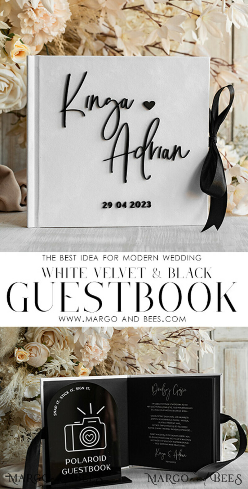 black & white Velvet Acrylic Wedding Guest Book Personalised & sign set, Velvet elegant Instant Photo Book Boho Elegant Instax Guestbook. Hot trend - black & white wedding -7