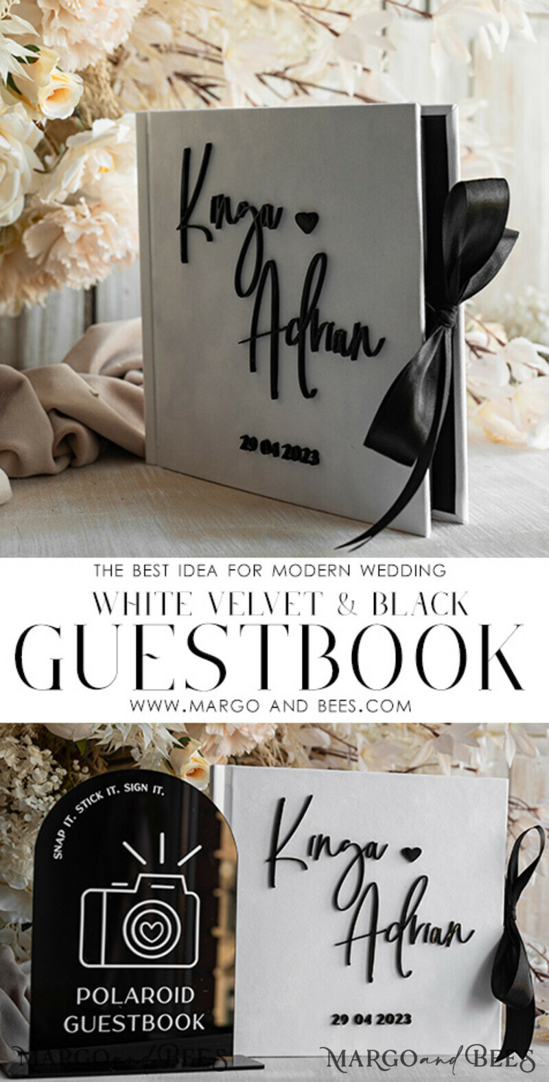 black & white Velvet Acrylic Wedding Guest Book Personalised & sign set, Velvet elegant Instant Photo Book Boho Elegant Instax Guestbook. Hot trend - black & white wedding -11