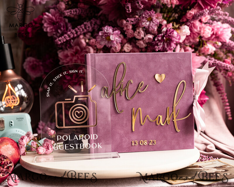 Elegant Mauve Gold Acrylic Wedding Guest Book Personalised with Sign Set and Velvet Dusty Rose Instant Photo Book - Create a Boho Chic Instax Wedding Photo Guestbook!-0