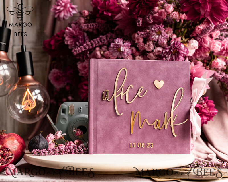 Elegant Mauve Gold Acrylic Wedding Guest Book Personalised with Sign Set and Velvet Dusty Rose Instant Photo Book - Create a Boho Chic Instax Wedding Photo Guestbook!-11