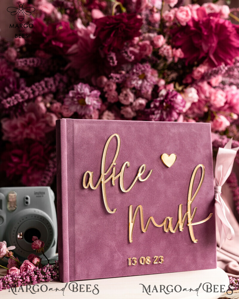 Elegant Mauve Gold Acrylic Wedding Guest Book Personalised with Sign Set and Velvet Dusty Rose Instant Photo Book - Create a Boho Chic Instax Wedding Photo Guestbook!-13