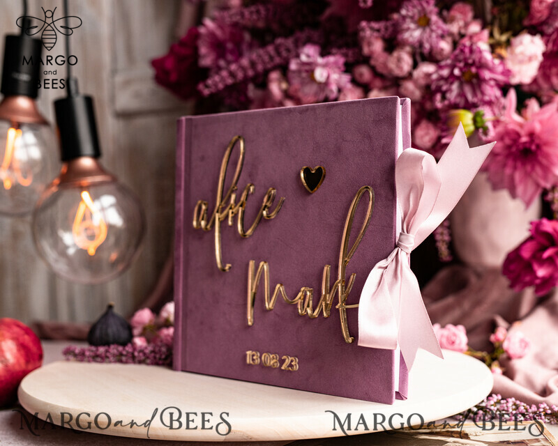Elegant Mauve Gold Acrylic Wedding Guest Book Personalised with Sign Set and Velvet Dusty Rose Instant Photo Book - Create a Boho Chic Instax Wedding Photo Guestbook!-17