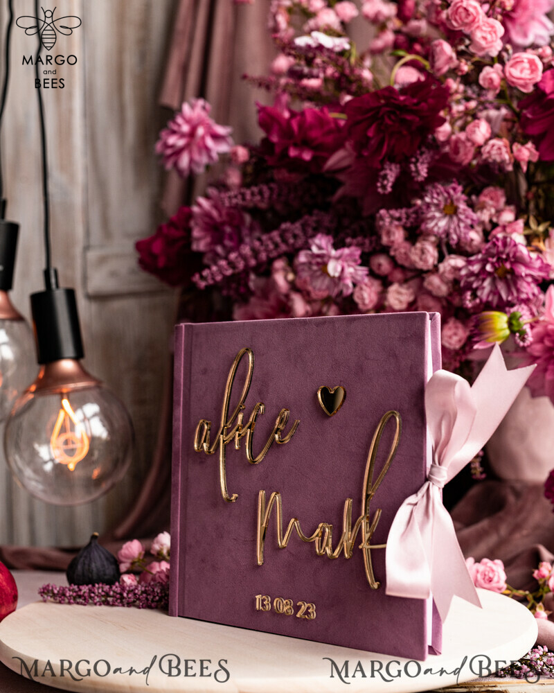 Elegant Mauve Gold Acrylic Wedding Guest Book Personalised with Sign Set and Velvet Dusty Rose Instant Photo Book - Create a Boho Chic Instax Wedding Photo Guestbook!-18