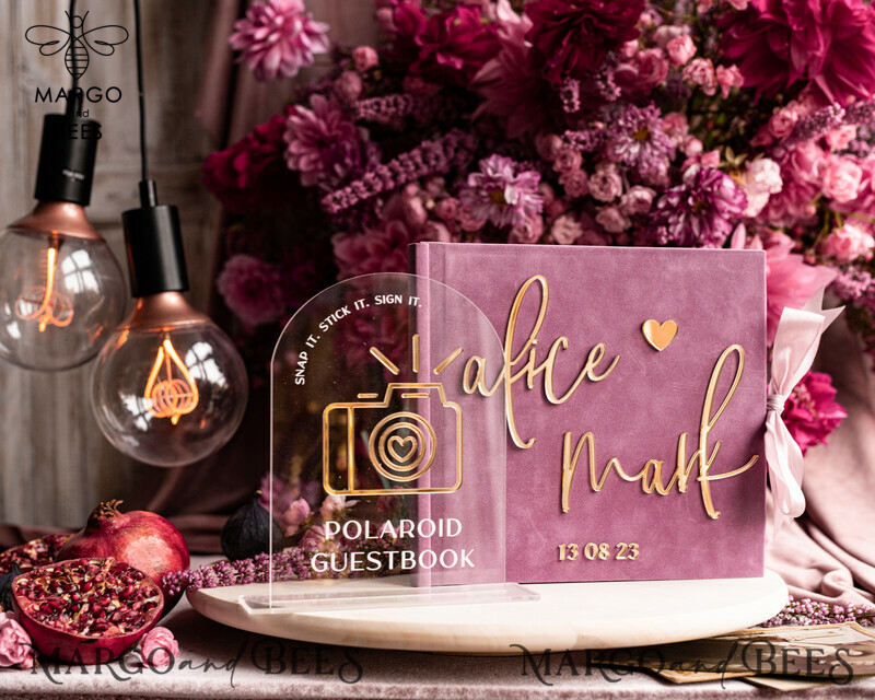 Elegant Mauve Gold Acrylic Wedding Guest Book Personalised with Sign Set and Velvet Dusty Rose Instant Photo Book - Create a Boho Chic Instax Wedding Photo Guestbook!-20