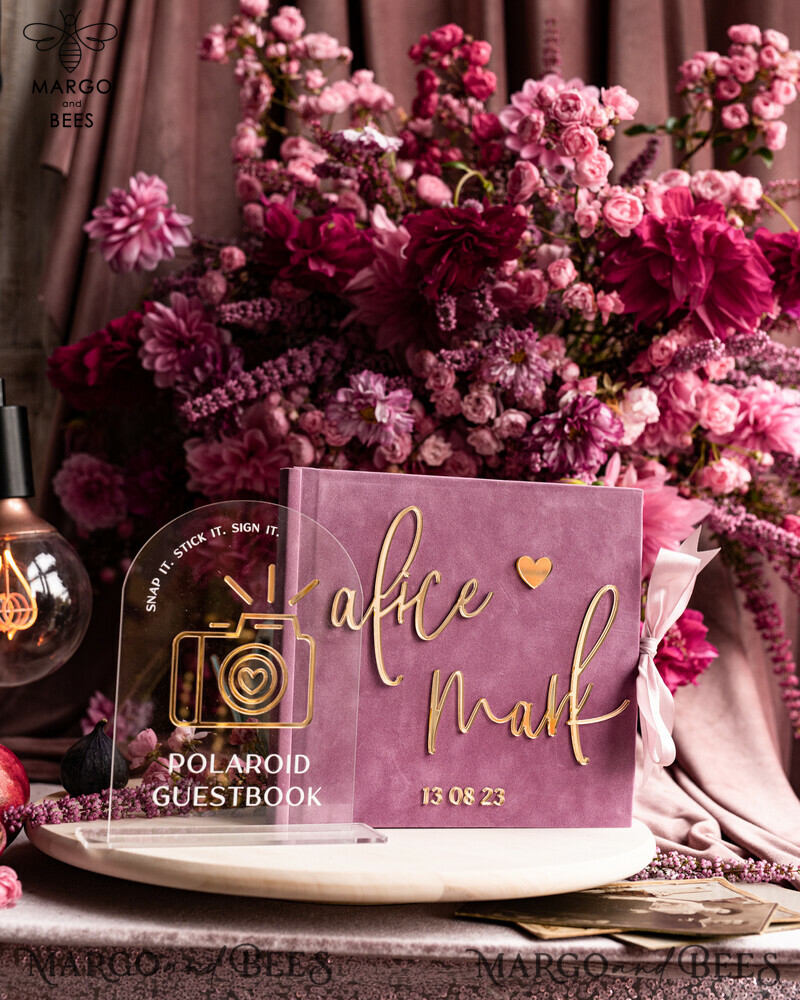 Elegant Mauve Gold Acrylic Wedding Guest Book Personalised with Sign Set and Velvet Dusty Rose Instant Photo Book - Create a Boho Chic Instax Wedding Photo Guestbook!-22