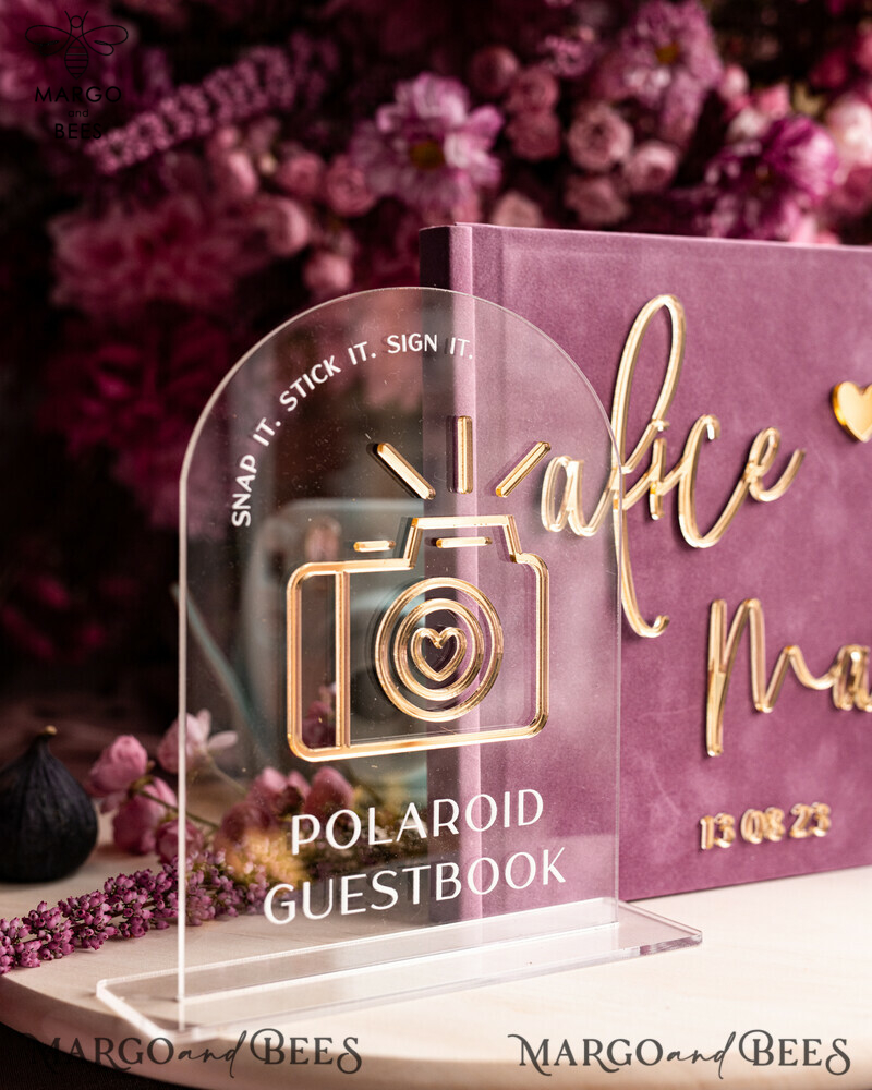 Elegant Mauve Gold Acrylic Wedding Guest Book Personalised with Sign Set and Velvet Dusty Rose Instant Photo Book - Create a Boho Chic Instax Wedding Photo Guestbook!-23