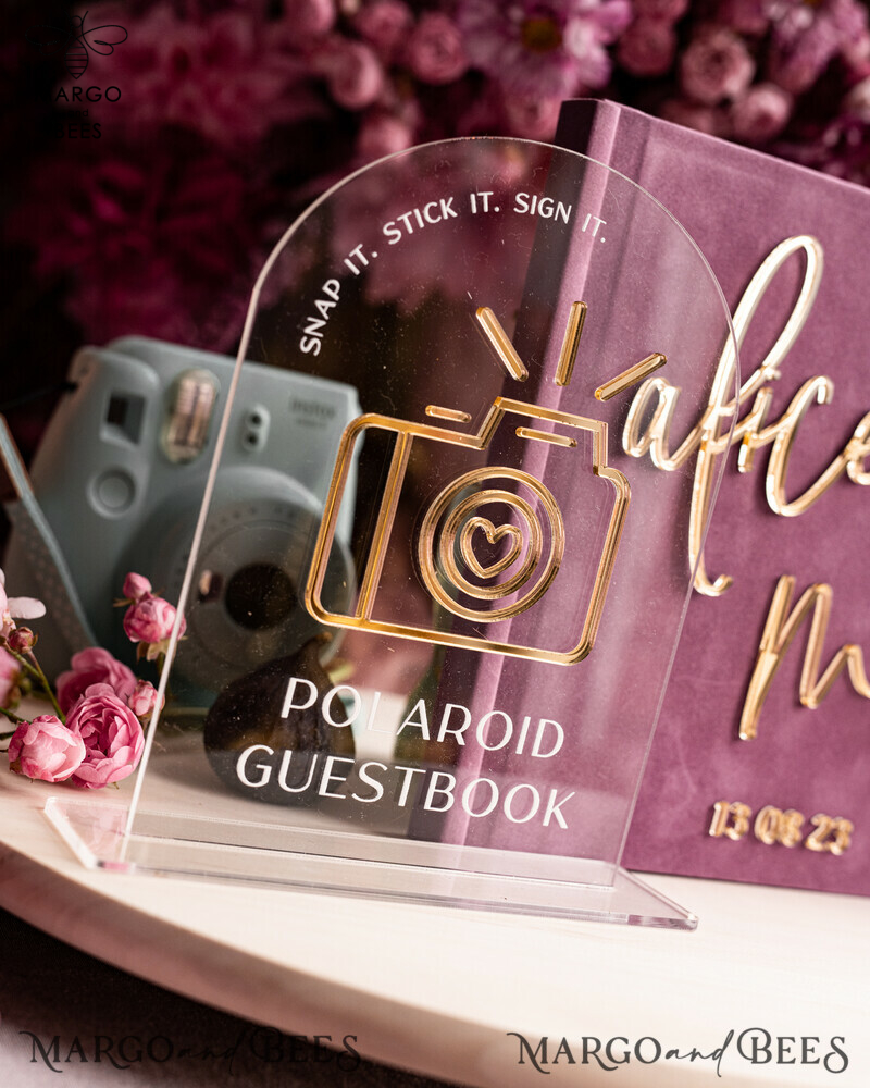 Elegant Mauve Gold Acrylic Wedding Guest Book Personalised with Sign Set and Velvet Dusty Rose Instant Photo Book - Create a Boho Chic Instax Wedding Photo Guestbook!-6
